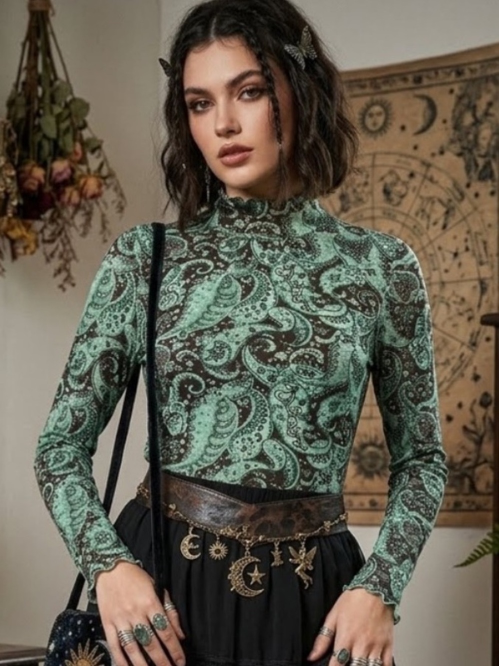 Y2K Grunge Paisley Mock Neck Top Blouse Green/Brown Fairy Whimsigoth Boho Large